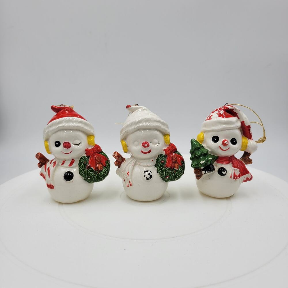 Vintage Inarco Japan Snowmen Figurine 3" Ornament Ceramics Christmas Set of 3